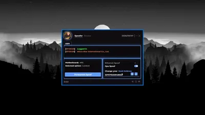 UEFI tab with permanent spoof toggle, GPU and ethernet switches, and a seed input on a mountain-themed operator UI.